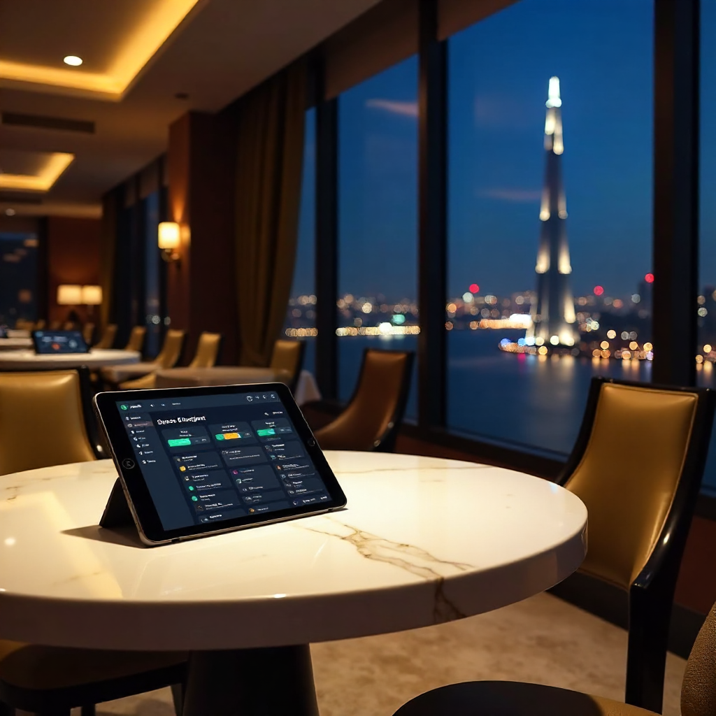 Interior of a premium luxury lounge in a Cairo skyscraper, panoramic window view of the Nile River and Cairo Tower at night, atmosphere of extreme wealth, a tablet on a marble table showing 888starz dashboard, warm ambient lighting, hyper-realistic.